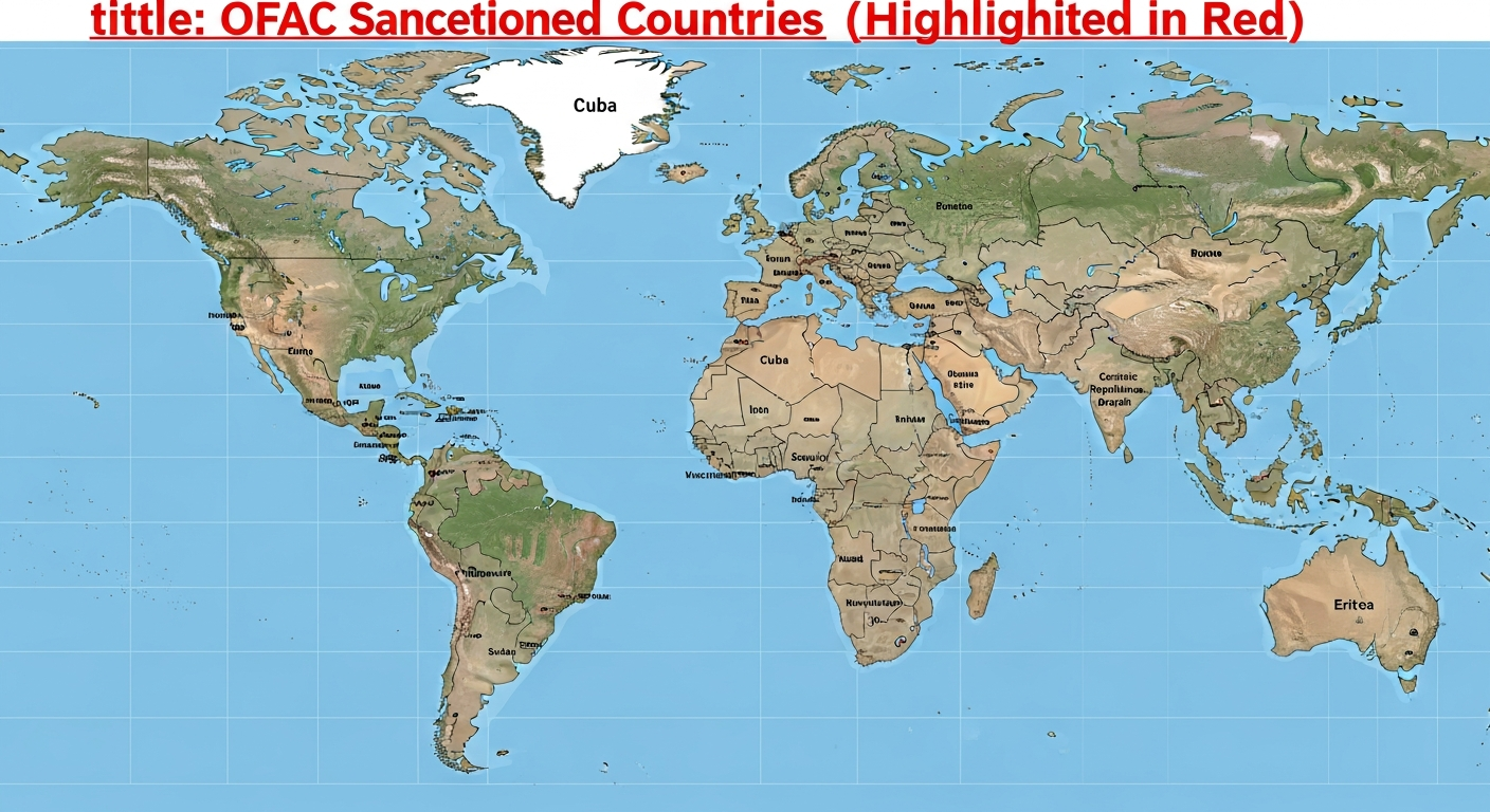 World map showing OFAC sanctioned countries highlighted in red 2026
