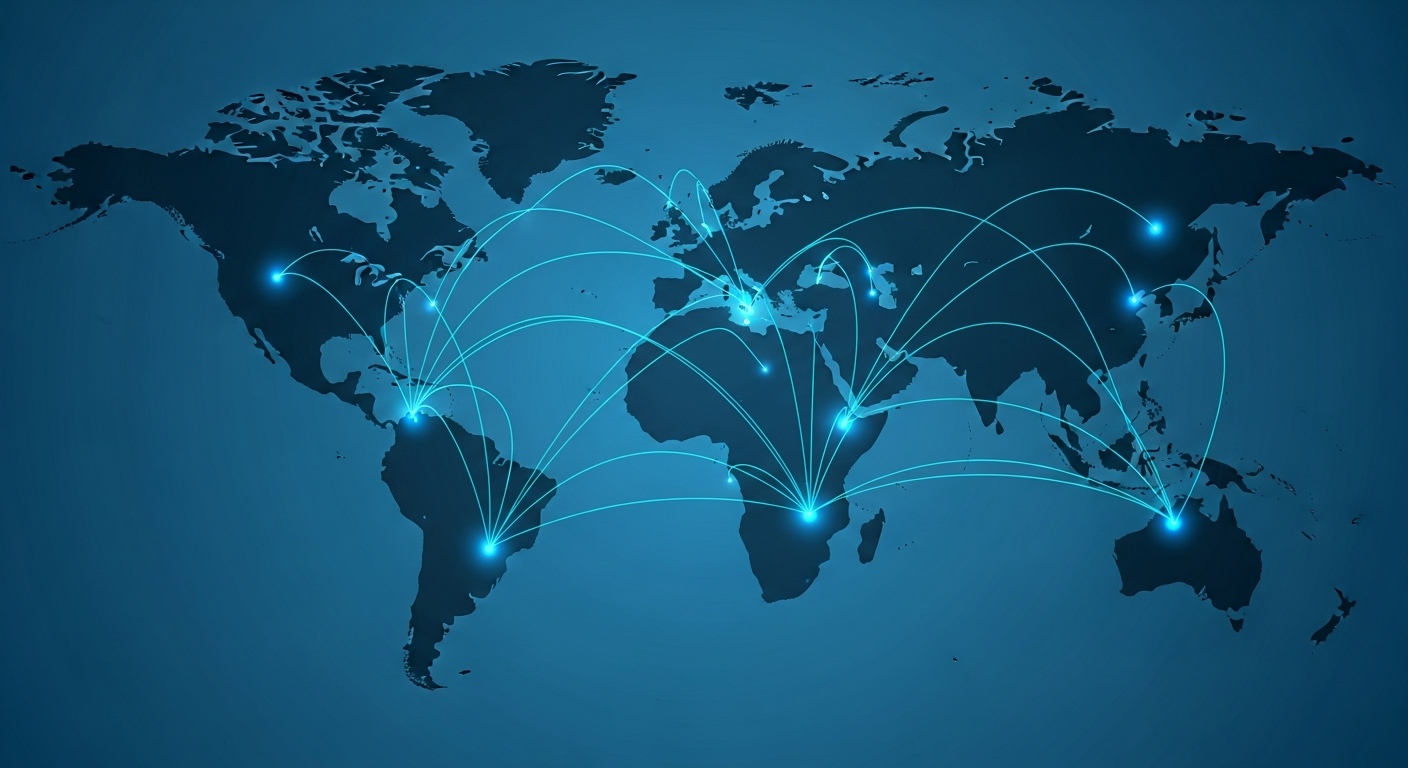 Abstract world map showing international wire transfer financial network