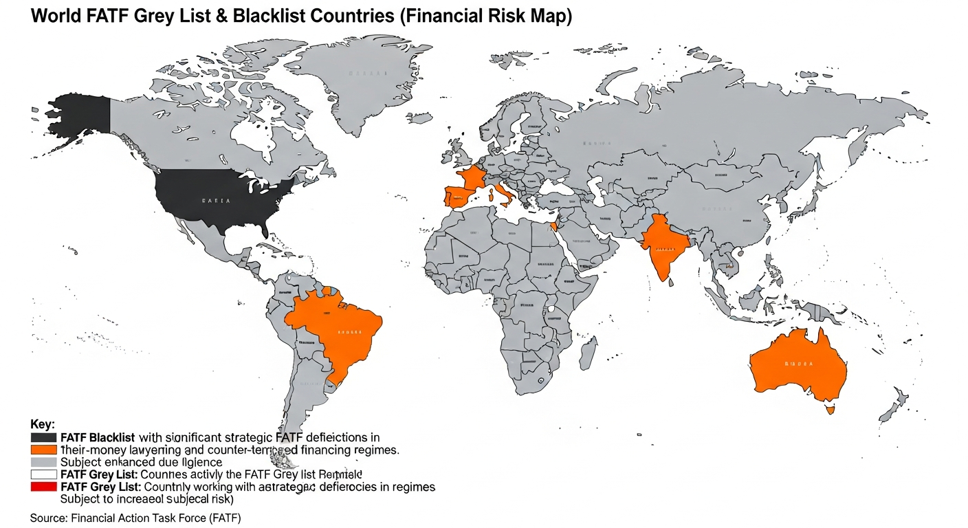 World map FATF grey list and blacklist countries financial risk 2026