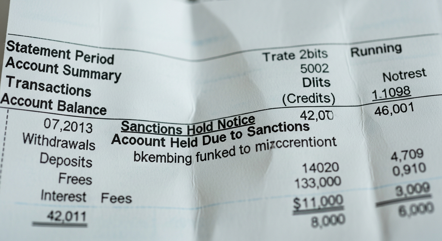Frozen bank account statement document with sanctions hold notice