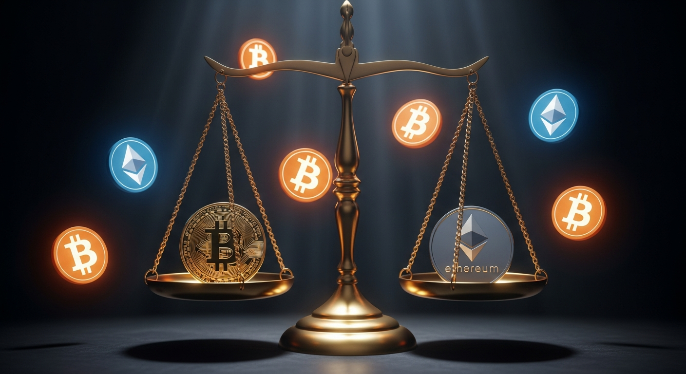 OFAC sanctions scales of justice with cryptocurrency symbols