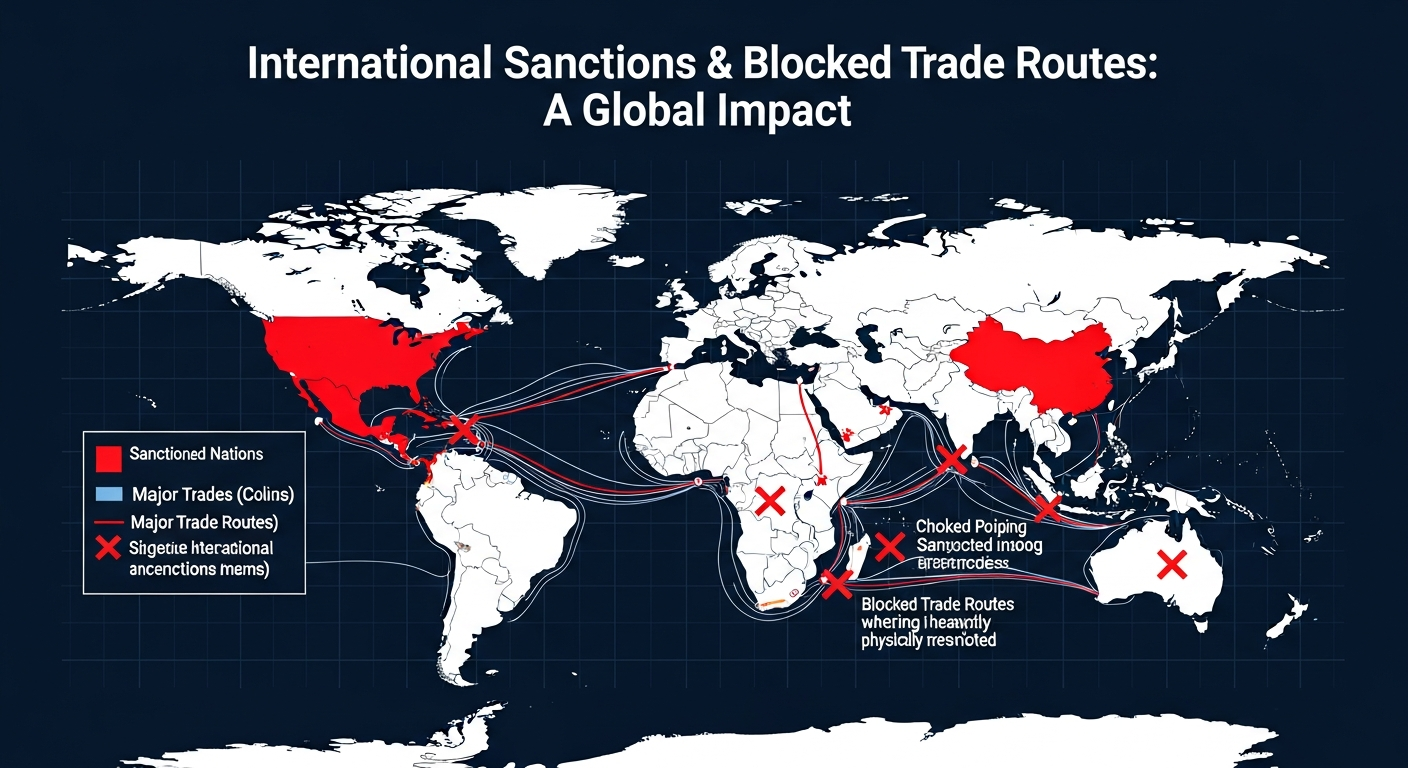 International sanctions economic restrictions visualization blocked trade routes