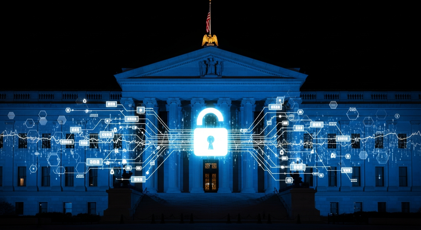 US government building with crypto sanctions compliance overlay